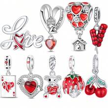 Silver Plated Charms Red Cupid's Arrow Red Love Red Love Twisted Flower Red Cherry Green Leaves Red Love ACE Card Red Strawberry Handwritten Bow Love Fruit Series Beads Charm Fit Original Bracelet Charm Beads Necklace Diy Female Jewelry