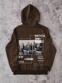 Teen Boys' Clothes, City Style Printed Patterns, Casual Style, Hooded Sweatshirt, Wearable In Autumn And Winter, Wear For Shopping, Party, Travel, And School - Brown - View 2