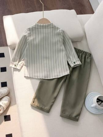 3pcs Baby Boy Gentleman Outfit Set, Long Sleeve Casual Fashionable Shirt, Pants And Bow Tie, Spring/Autumn