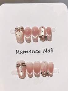 10 件甜美粉色渐变手工指甲按压指甲，3D 蝴蝶结和金属装饰，带圆点猫眼法式指甲片，闪亮全覆盖假指甲，中长棺材指甲，含果冻胶和指甲锉，浪漫风格女士指甲