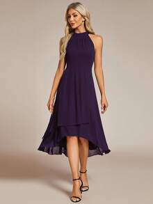 Elegant Ruffle Backless High-Low Hem Chiffon Deep Purple Bridesmaid Dress, Wedding Guest Dress, Mid-Length Gown, Suitable For Weddings, Holiday Parties, Formal Dinners, And Other Occasions - Purple - View 4