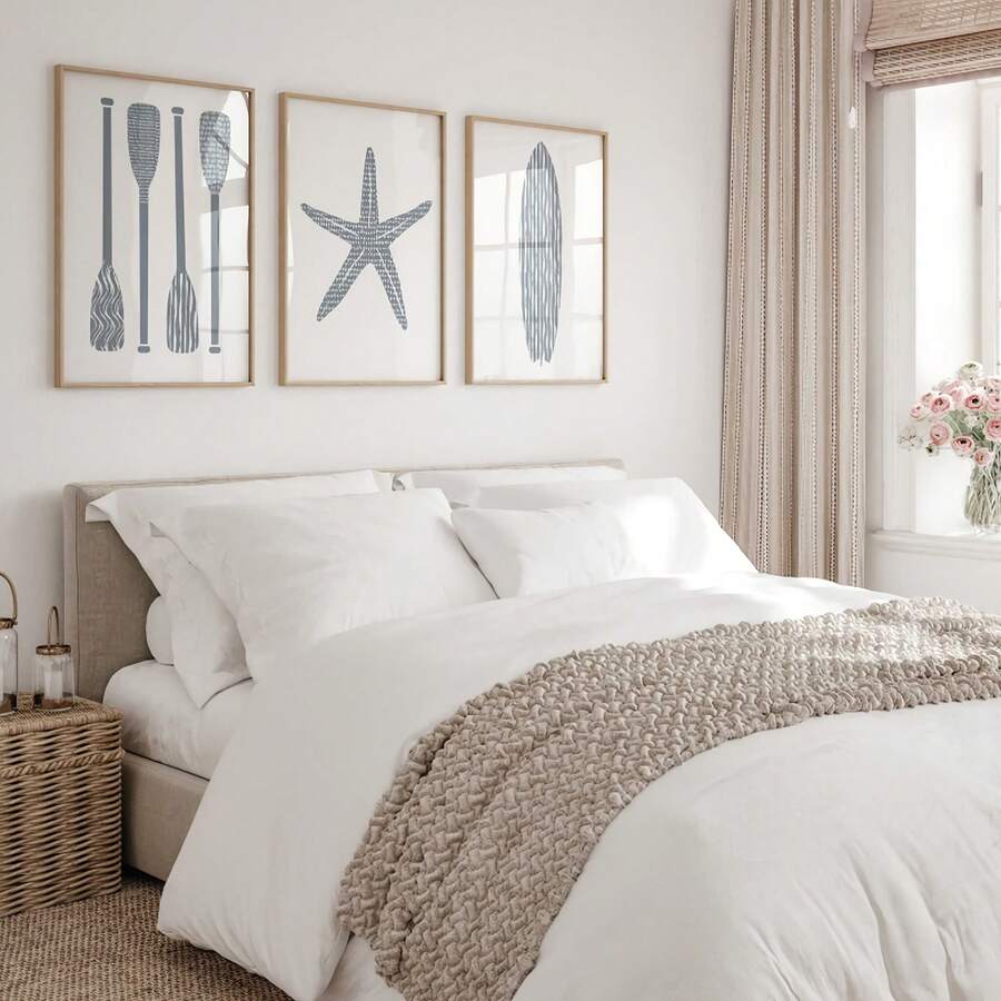 2D Wrapped Canvas Frame Canvas Painting, 3pcs/Set Modern Beach Wall Art Set, Coastal Nursery Print Art, And White, Abstract Starfish, Surfboard And Paddle Print Poster Set, Suitable Living Room, Bedroom Or Hallway Wall Decoration, Framele - Multicolor - View 1