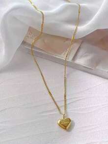 1 件简约字母心形扁平链条项链，不锈钢日常佩戴项链，适合女士 - 金黃色 - 查看 5