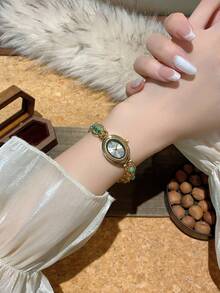 1 chiếc đồng hồ đeo tay nữ màu vàng/xanh lá cây, thiết kế mặt nhỏ tối giản mới, thanh lịch và thời trang, máy quartz, phù hợp để đeo hàng ngày/dự tiệc. - Vàng - Xem 4