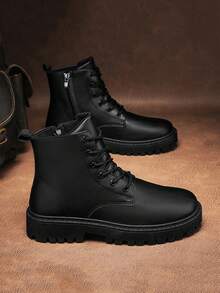 Men's High Top Boots, Autumn/Winter, All-Match Black Leather Casual Shoes, Wear-Resistant Low-Cut Cargo Shoes, New Fashionable Casual Shoes Go With Dress, Lace-Up Metal Eyelets - Black - View 3