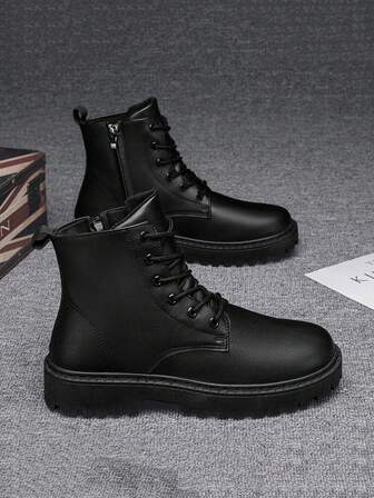 Men's High Top Boots, Autumn/Winter, All-Match Black Leather Casual Shoes, Wear-Resistant Low-Cut Cargo Shoes, New Fashionable Casual Shoes Go With Dress, Lace-Up Metal Eyelets