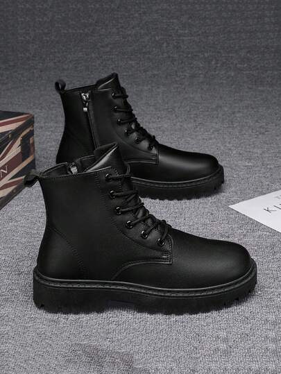 Men's High Top Boots, Autumn/Winter, All-Match Black Leather Casual Shoes, Wear-Resistant Low-Cut Cargo Shoes, New Fashionable Casual Shoes Go With Dress, Lace-Up Metal Eyelets
