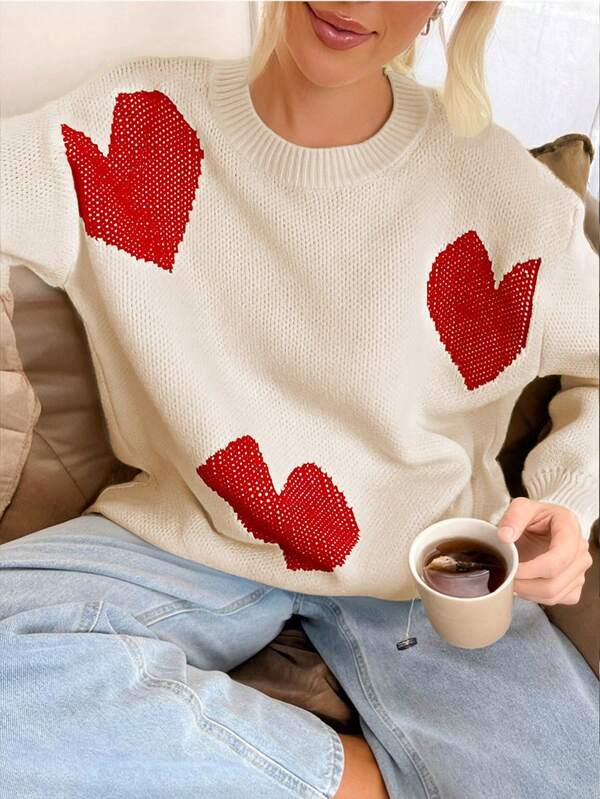 Suéter casual de mujer con textura y jacquard con diseño de corazón, de unicolor y cuello redondo de manga larga, adecuado para primavera, otoño e invierno
