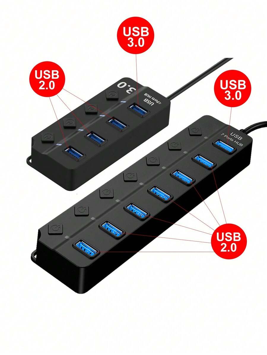 4-Port & 7-Port USB Hub Extenders – USB 3.0/2.0 Multi-Port Adapter With On/Off Switch, LED Indicator Lights & Portable Design | 7-In-1 USB Splitter For Laptops, Computers, Phones & Devices | Compatible With Flash Drives, Mice, Keyboards, Card Readers, Gaming Devices, HDDs, Printers, Cameras & More USB Peripherals | OTG-Enabled For Easy Connectivity - màu đen - Xem 1