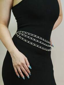 1pc Handmade PU Wrapped Metal Waist Belt For Women, Fashionable & Versatile Triple Layer Metal Waist Belt - Multicolor - View 5