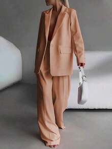 Elegant Business Casual Two-Piece Suit, Single Button Lapel Suit Jacket And Slim Fit Pants, Women's Clothing - 珊瑚粉 - 查看 4