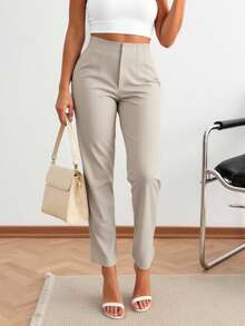 Elegant Office Lady Pleated Side Pocket Slim-Fit Pants For Women - 杏色 - 查看 3