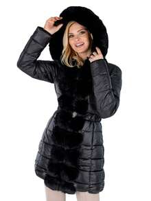Women's Wool Pea Coat Faux Fur Jacket Winter Warm Parka Overcoat With Belt - Black - View 2