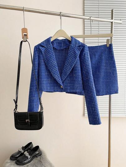 秋冬粗花呢金属纽扣长袖短款西装外套和迷你紧身裙套装，优雅性感的女士商务休闲装