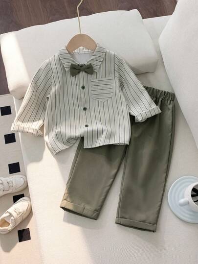 3er Set Baby Jungen Gentleman Outfit, Langarm Lässig Hemd, Hose und Fliege, Frühling/Herbst