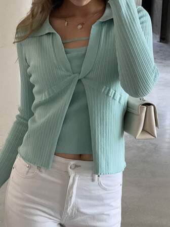 ARA CHIC Women's Blue Two Pieces Set: Retro Lapel Knotted Long-Sleeve Knitted Cardigan With Slim-Fitting Camisole, Casual And Business Women's Clothing, New Style For Winte