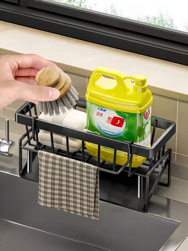 1 Sink Storage Rack Kitchen/Bathroom Storage Drain Rack Multifunctional Wall-Mounted Storage Rack Storage Artifact Space-Saving Storage Rack Sturdy And Durable Suitable For Storing Sponges, Soaps, Brushes, Rags, Detergents And Toiletries With Brush Holder No Drilling Required Easy To Install Built-In Drain Pipe Sink Dishcloth Storage Rack Household Multifunctional Storage Rack Home Organization Storage Kitchen Pendant