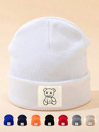 Gorro de malha com estampa de urso unissex, 1/2/3 peças, macio, quente, casual, moda para atividades ao ar livre, adequado para uso diário