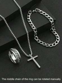 4 Pieces/Set Hip-Hop Fashion Men's Jewelry Set, Cross Necklace, Bracelet And Personalized Ring (Size: 7-12), Stainless Steel Material, No Fading, No Allergy, Suitable For Parties, Daily Life, Dating. The Best Jewelry For Holiday Gifts