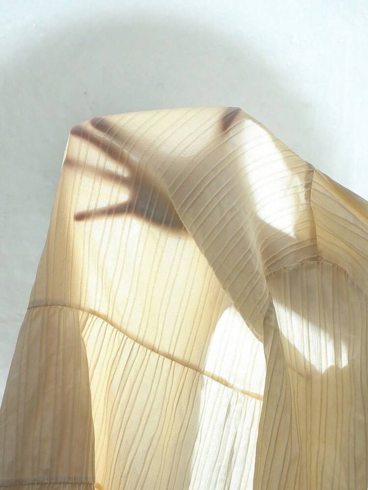 纯色长袖荷叶边下摆休闲孕妇衬衫 - 杏色 - 查看 9