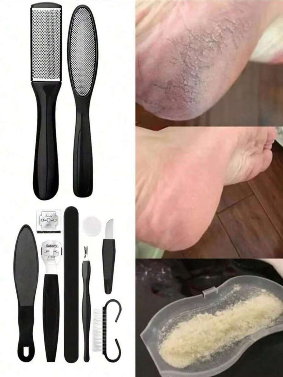 10 件通用足部磨砂膏套装足部刮痧板，10 合 1 足部工具包去角质清洁足部护理死皮去除 Coolus，刮痧，足部磨砂膏 - 黑色 - 查看 1