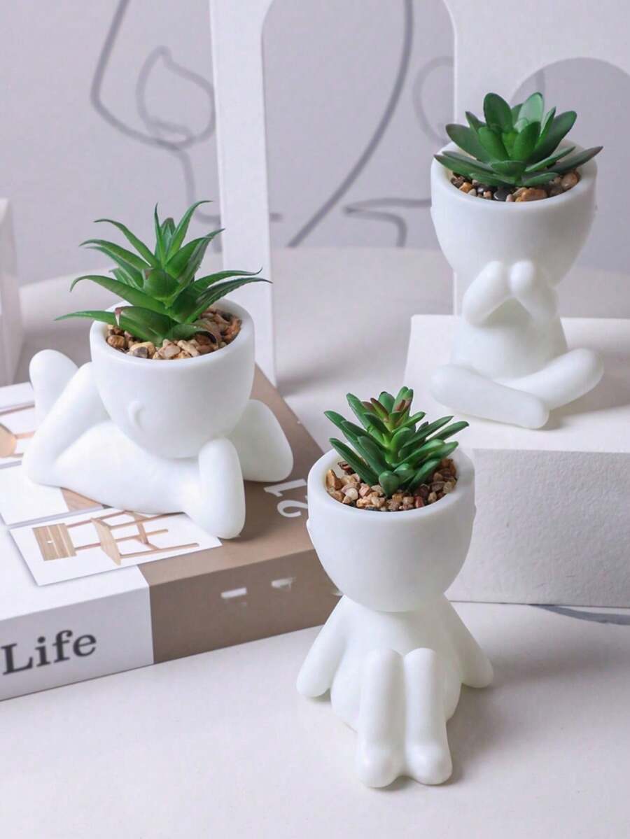 1 peça/3 peças Suculenta Artificial, Suculenta Pequena Individual em Vaso, Três Formatos para Escolher, Vaso Branco, Formato Cartoon, Material PP, Material PE, Verde, Decoração de Mesa, Decoração Doméstica, Decoração de Jardim, Escola, Dormitório, Decoração de Escritório