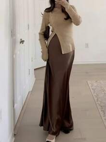 Women's Elegant Minimalist Romantic Date/Office Versatile Solid Satin Skirt, Autumn/Winter - Mocha Brown - View 3