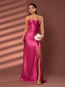 LONG WEDDING PARTY DRESS FOR BRIDESMAID FASHIONISTA STRAP-OFF WITH SLIT - FUCHSIA - View 1