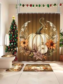 1/4 Pcs Pumpkin Autumn Thanksgiving Shower Curtain Set, Watercolor Floral Pumpkin Bathroom Set For Autumn Thanksgiving Harvest, Includes Shower Curtain And Rug, Waterproof Polyester Fabric Shower Curtain Bathroom And Home Decor, With 12 Hooks, Thanksgiving Decor, Autumn Decor, Halloween, Christmas Decorations Bathroom Decor