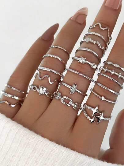 22pcs Heart, Wave Texture, Star Rhinestone Rings Set, Suitable For Women's Daily, Wedding, Party Wear, Gift For Friends And Family (Size Runs Small, Please Purchase Carefully)