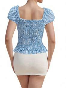 Women T-Shirt, Short Sleeve Lace Patchwork Summer Plaid Tops Streetwear For Casual Daily - Màu xanh lam - Xem 7