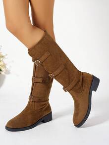 Nouvelles bottes mi-mollet mode pour femmes, couleur unie, fermeture à boucle, tissu tricoté, style navette, automne/hiver - Tabac - Voir 5