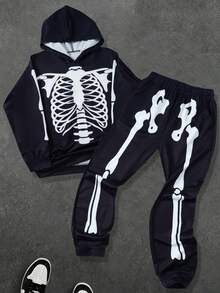 2 Stück Jungen Skelett Muster Hoodie Sweatshirt und Jogginghose Set, Halloween Party Outfit, geeignet für Frühling, Herbst, früher Winter - Schwarz - Übersicht 1