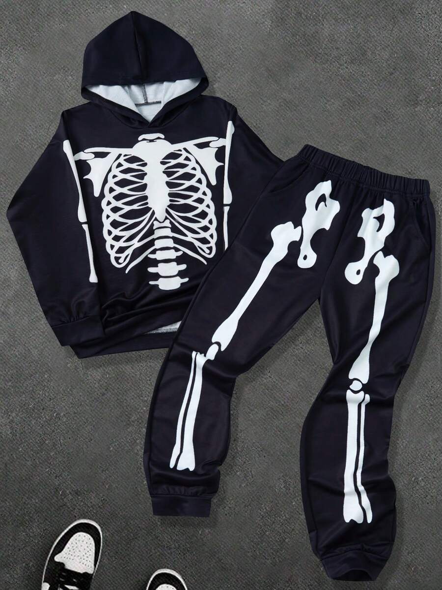 2 Stück Jungen Skelett Muster Hoodie Sweatshirt und Jogginghose Set, Halloween Party Outfit, geeignet für Frühling, Herbst, früher Winter - Schwarz - Übersicht 1