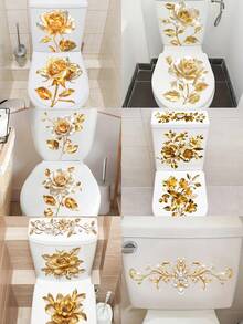 Golden Flower Toilet Stickers, Gold Floral Art Toilet Lid Decals Removable Self-Adhesive Vinyl Peel And Stick Wall Stickers For Bathroom Restroom WC Bathtubs Door Furniture Home Decoration Room Decor Bedroom Decor Kitchen Decor Wall Decor
