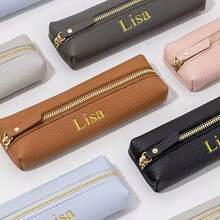 Costomized Letters PU Pebble Leather Office Zipper Pen Case, Personalized Student Pencil Bag, Large Capacity Handmade Creative School Stationary Organizer Pen Bag Pouch, PU Storage Peicil Case