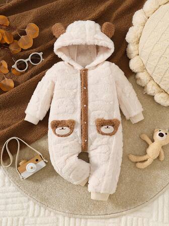 1 st Unisex Baby/Småbarn Casual Minimalistisk Söt Aprikos Pälsfärgad Huva Långärmad Ribbad Manschett Björnöron Applikation Hel Dragkedja Jumpsuit, Höst/Vinter