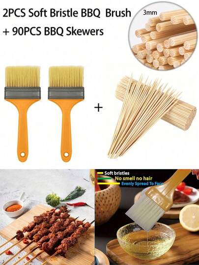 2PCS Food Baking Oil Brush And 90PCS BBQ Skewers, Plastic Hard Bristle Brush, BBQ Flatbread Oil Brush, Yellow Thin Brush, Soft Bristle BBQ Basting Brush, For Grilling & Baking, Ideal For Kitchen Use