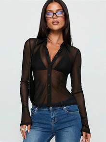 Awevudst Women's Mesh Sheer Button Down Shirts Turn Down Collar Long Flared Sleeve Slim Fitted See Through Blouse Bell Sleeve Crop Tops Summer Holiday Beachwear Swimsuit Bikini Cover Ups - 黑色 - 查看 2