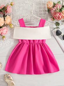 Baby Girls' Fashionable Color Block Suspender Dress, Cute Elegant Contrast Bow, Outdoor Sports Dress, Spring/Summer - Hot Pink - View 2