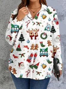 قميص نسائي كبير الحجم بطباعة عيد الميلاد وأكمام طويلة