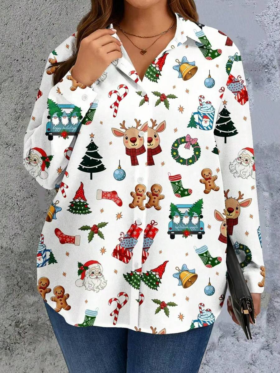 قميص نسائي كبير الحجم بطباعة عيد الميلاد وأكمام طويلة