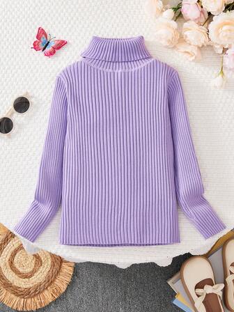 Flicktröja med lång ärm och polotröja, enkel, ribbad stickad tröja, varm och stretchig, avslappnad passform för 3-12 år, vår/höst/vinter