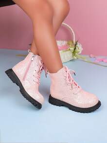 1 Pair Children's Fashion Casual Non-Slip Boots, Solid Color Shiny Lace-Up Design, Side Zipper Girls' Boots Suitable For Travel And Vacation (Random Sole)