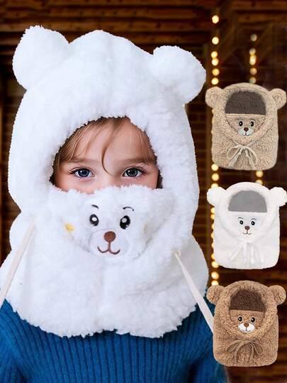 1pc Plush Hat, Autumn/Winter Double-Layer Warm Bear Hat, Cute Kids Cartoon Scarf Hat, Unisex Children & Baby Hat