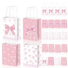 12Pcs Pink Bow Gift Bags - Paper Party Favor Bags, Multi-Event Pouches For Shower/Wedding Decoration/Halloween/Christmas/Party Supplies, Halloween Gift Bags, Thanksgiving Gift Bags, Fall Decoration