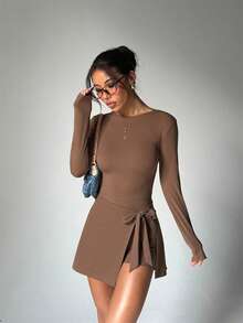 2 In 1 Casual Elegant Golf Tennis Dress With Shorts, Long Sleeve Everyday Basic New Stylish Waist-Tie Advanced Slimming Sexy Figure-Flattering Beautiful Back Tight-Fitting Sports Fitness Waist Yoga Dress