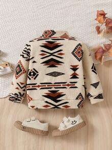 小男孩冬季时尚羊毛夹克，几何图腾印花长袖拉链保暖羊毛外套，适合休闲户外、公园漫步、派对、家庭聚会，引人注目