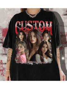 定制盗版说唱T恤，照片定制T恤，复古定制盗版T恤，粉丝T恤，名人照片印花上衣，适合作为情人节礼物，定制女友T恤，定制盗版说唱T恤，定制女友脸部图案T恤，定制90年代复古图案T恤，情人节礼物黑色夏季 - 黑色 - 查看 3
