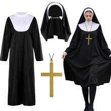 Set de 3 piezas de accesorios de disfraz de monja para mujeres, conjunto de disfraz de monja con vestido negro, tocado de monja, collar con cruz, disfraz de monja para Halloween, carnaval, fiesta de cosplay de monja, perfecto para el Día de Acción de Gracias